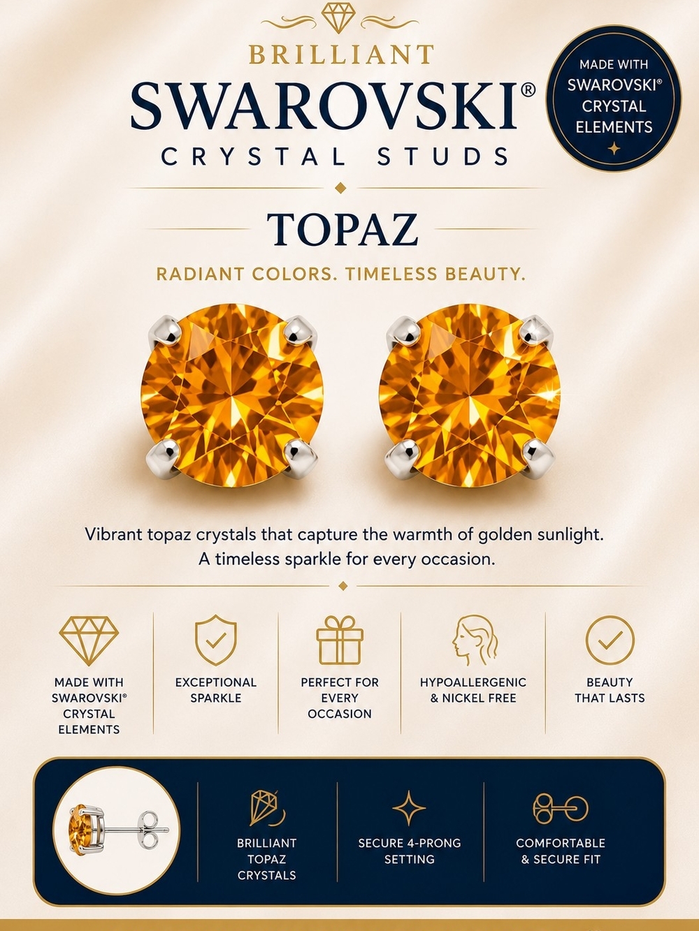 Brilliant Swarovski Topaz Crystal Stud Earrings - Golden Topaz